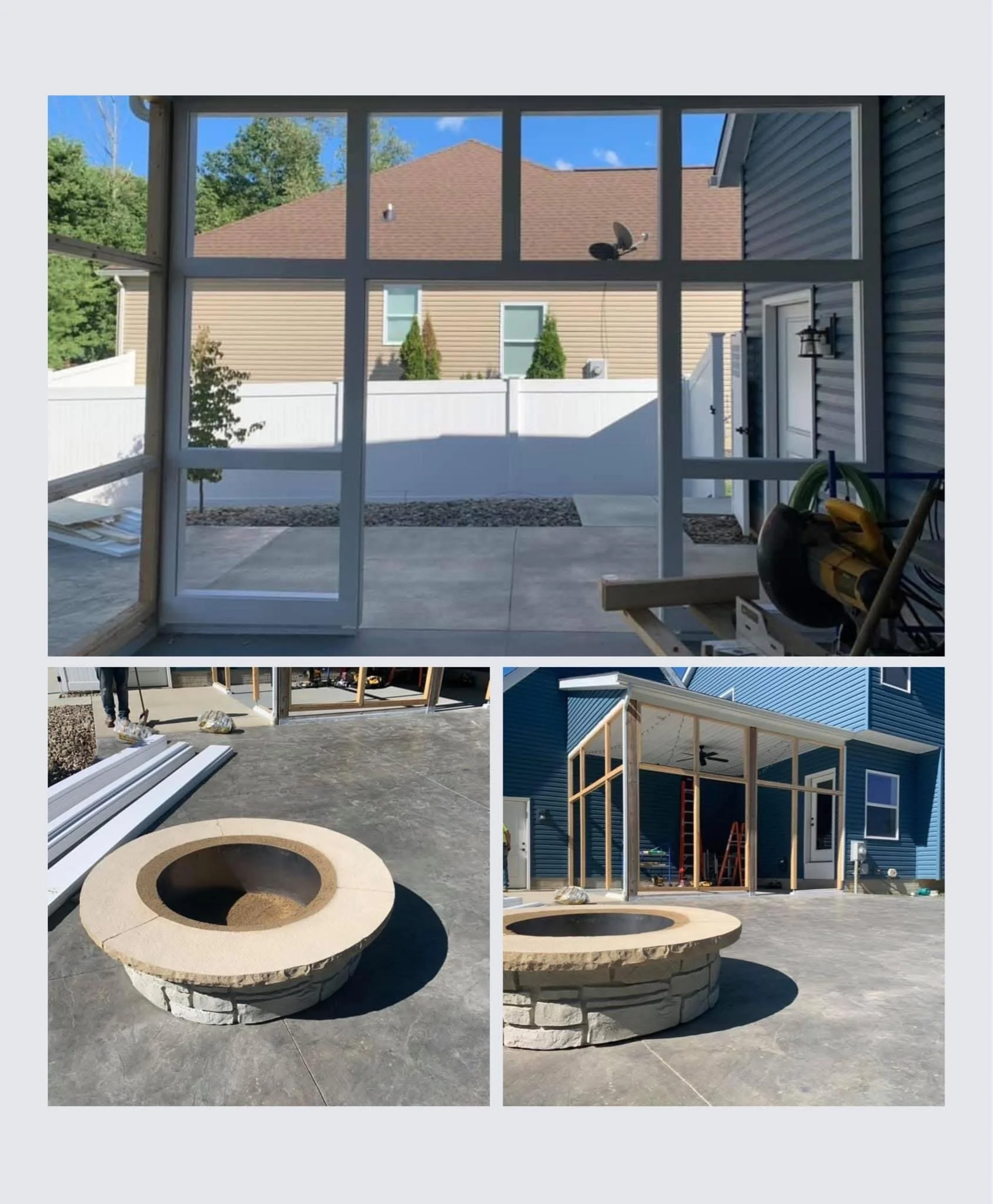 Construction of a screened-in porch with a view of an outdoor patio area. Two images show a firepit with stone base on the patio, with one picture including framing for additional structure.