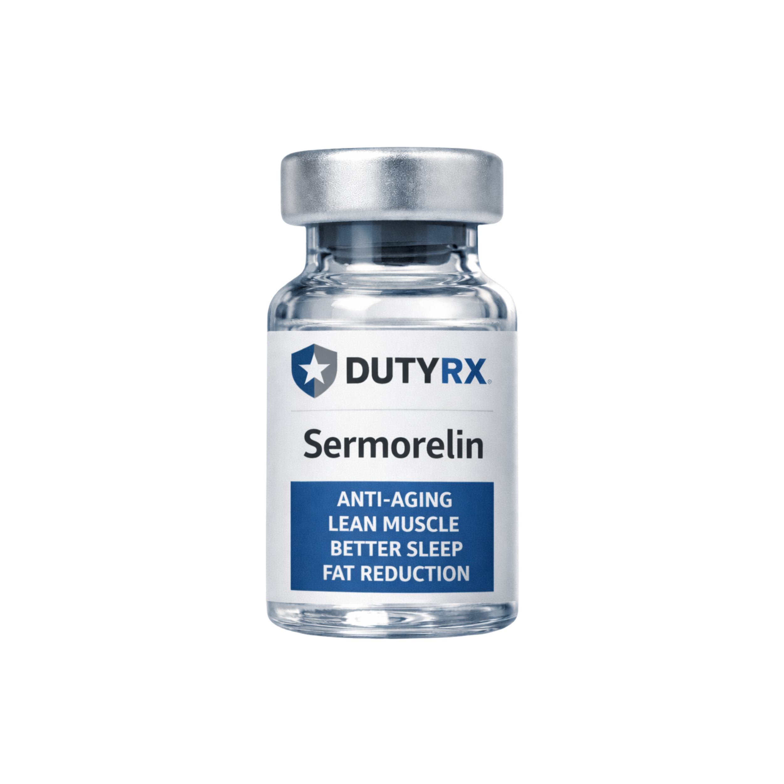 A clear glass vial labeled 'Sermorelin' from DUTYRX with benefits listed as anti-aging, lean muscle, better sleep, and fat reduction.