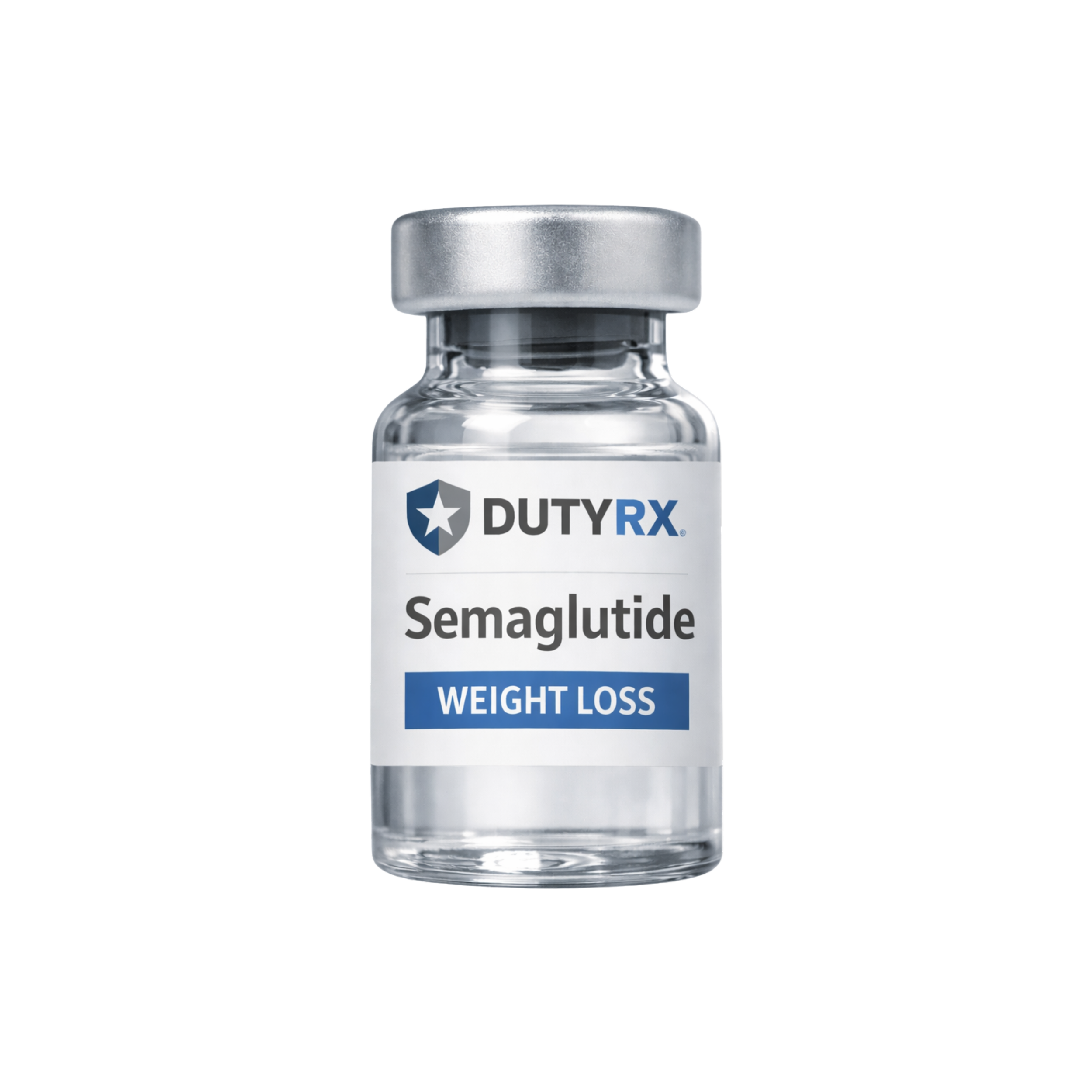 A vial of Semaglutide weight loss medication from DUTYRX with a gray cap and a label indicating its purpose.
