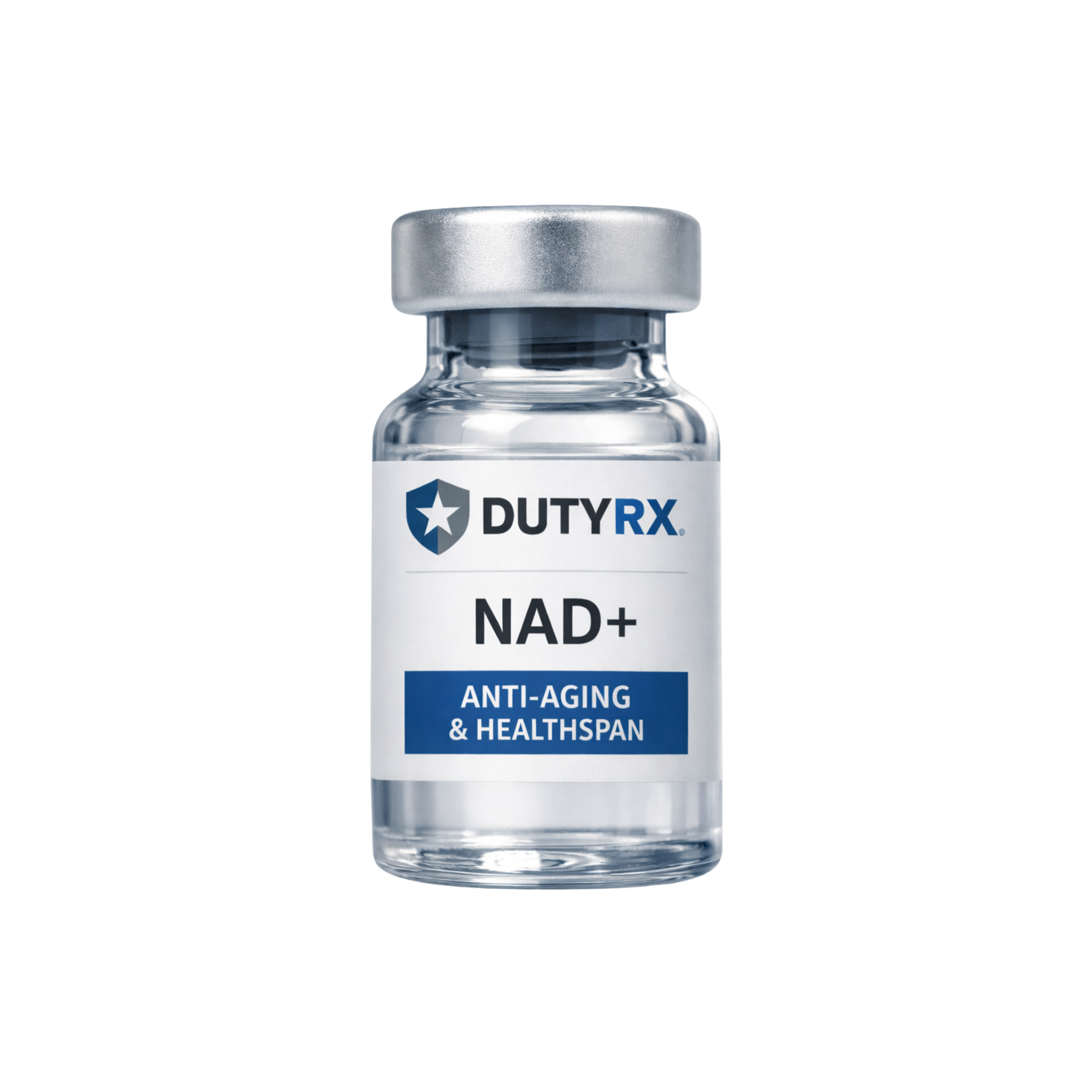 Bottle of DUTY RX NAD+ anti-aging supplement showing label with blue and white design.