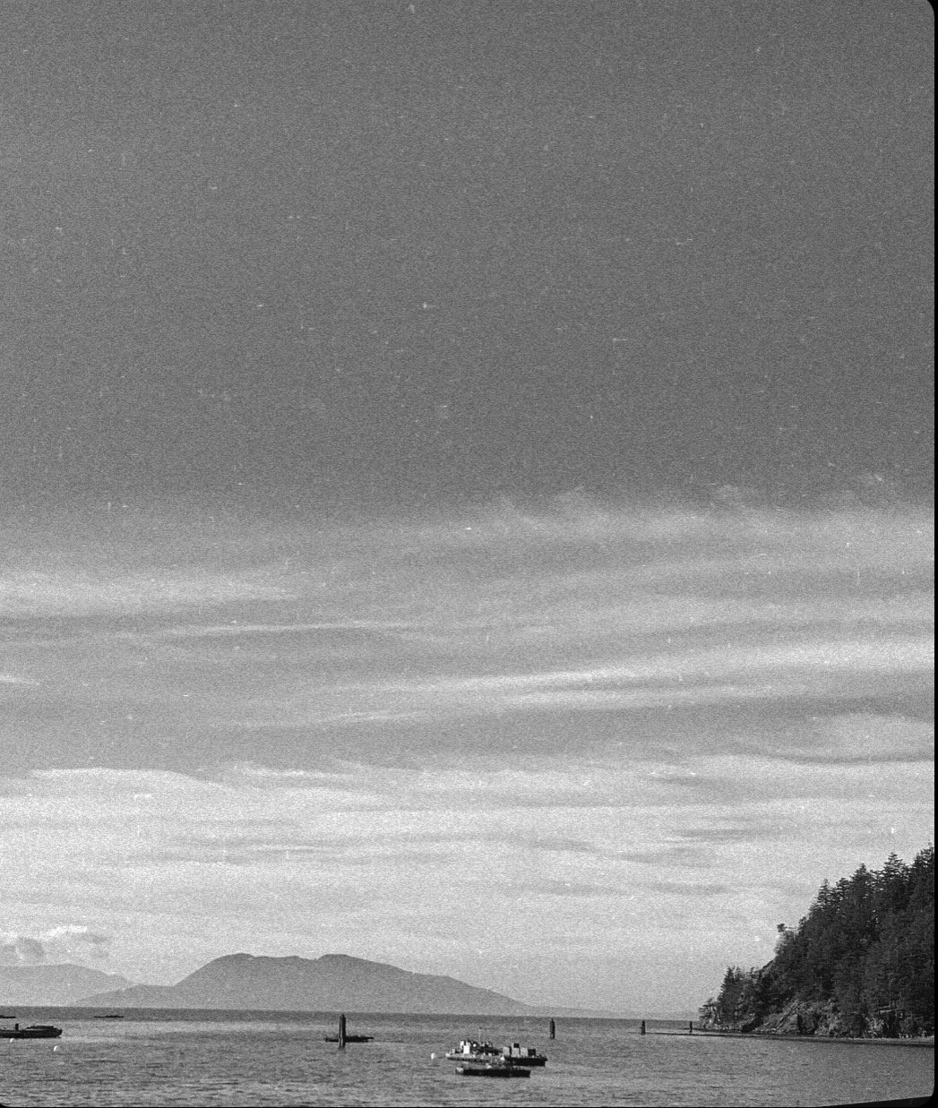 Black and white photo of a calm body of water with boats, distant mountains, and a tree-covered hill on the right.