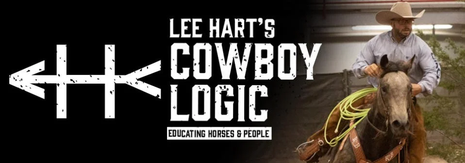 Logo for Lee Hart's Cowboy Logic with text and a cowboy riding a horse, with the background of a fence and trees.