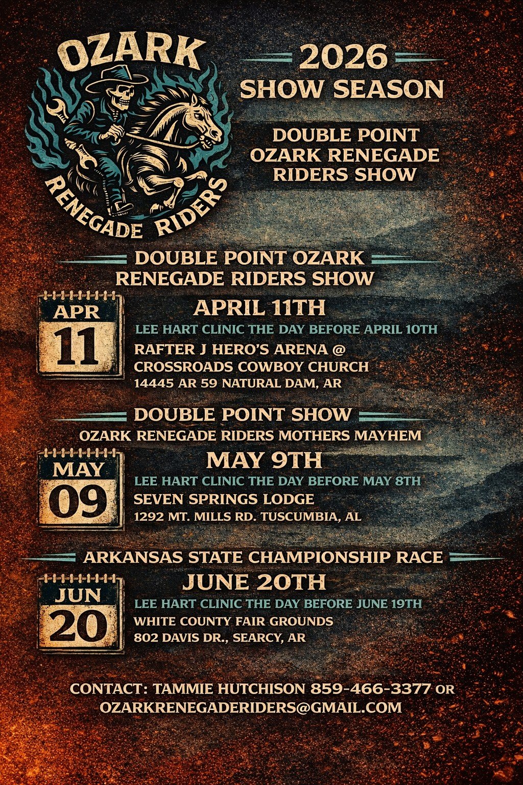 Event poster for Ozark Renegade Riders, showing scheduled dates and locations for motorcycle shows in 2026, including April 11 in Arkansas, May 9 in Alabama, and June 20 in Arkansas, with contact information.