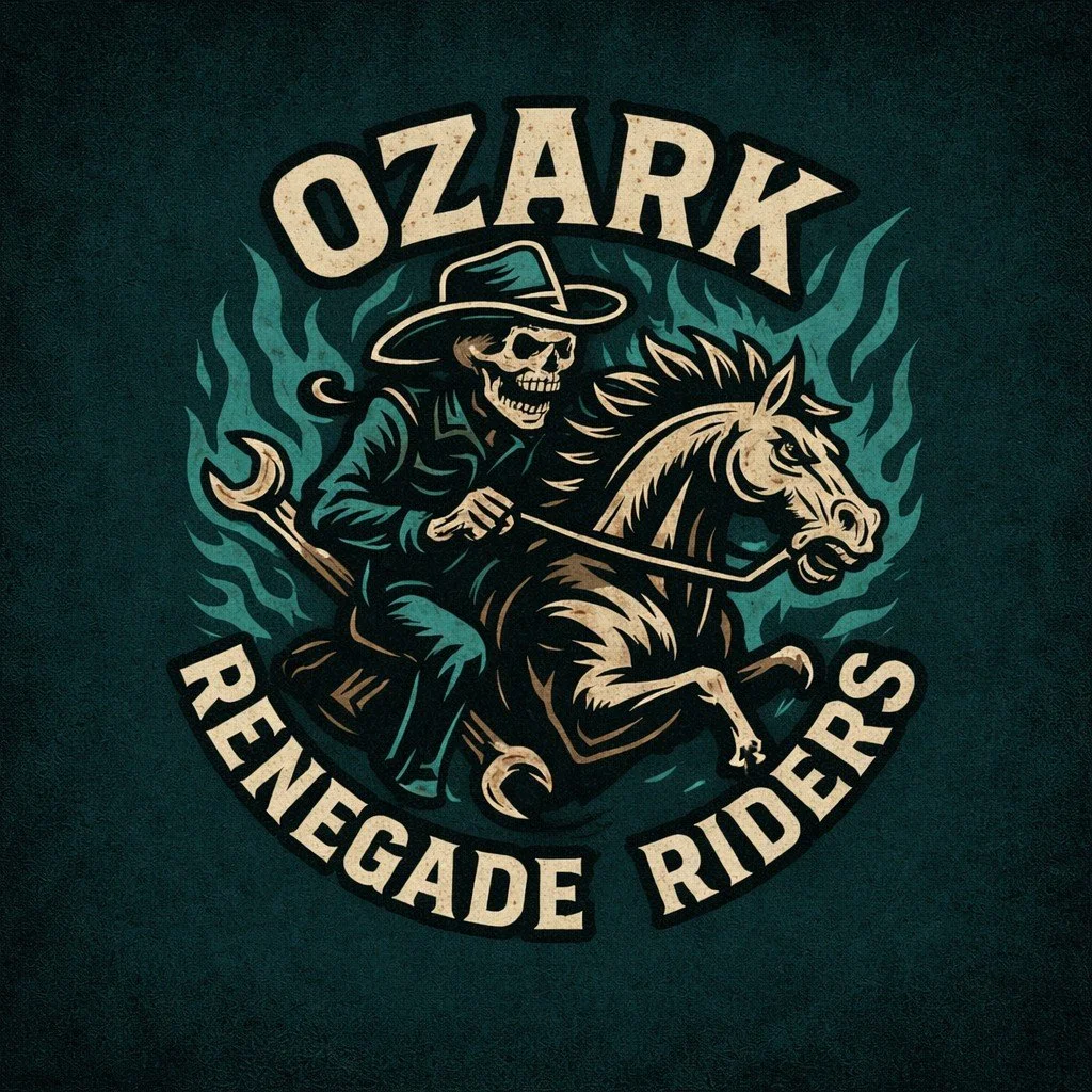 A graphic design featuring a skeleton wearing a cowboy hat, riding a horse with flames in the background. The text reads "Ozark Renegade Riders."
