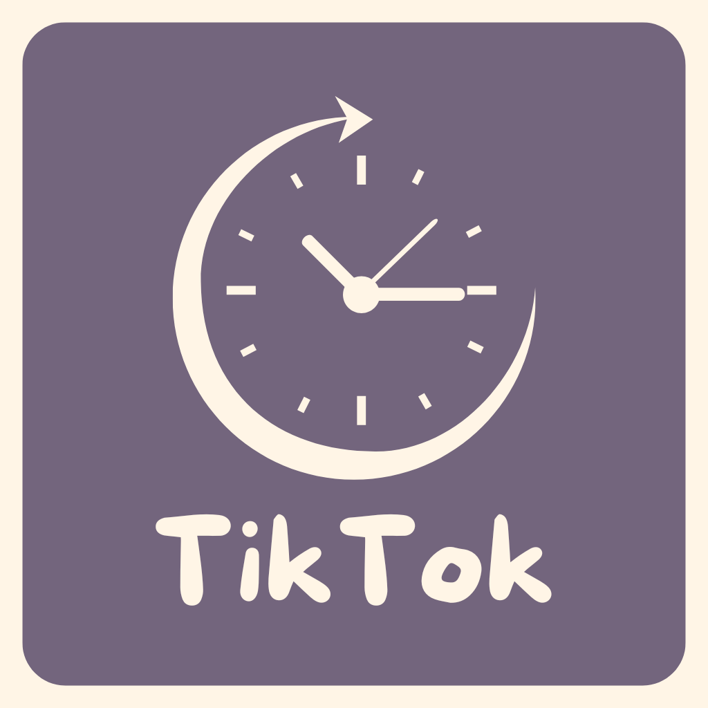 Icon of a clock with a curved arrow around it, and the words 'TikTok' below, on a purple background.
