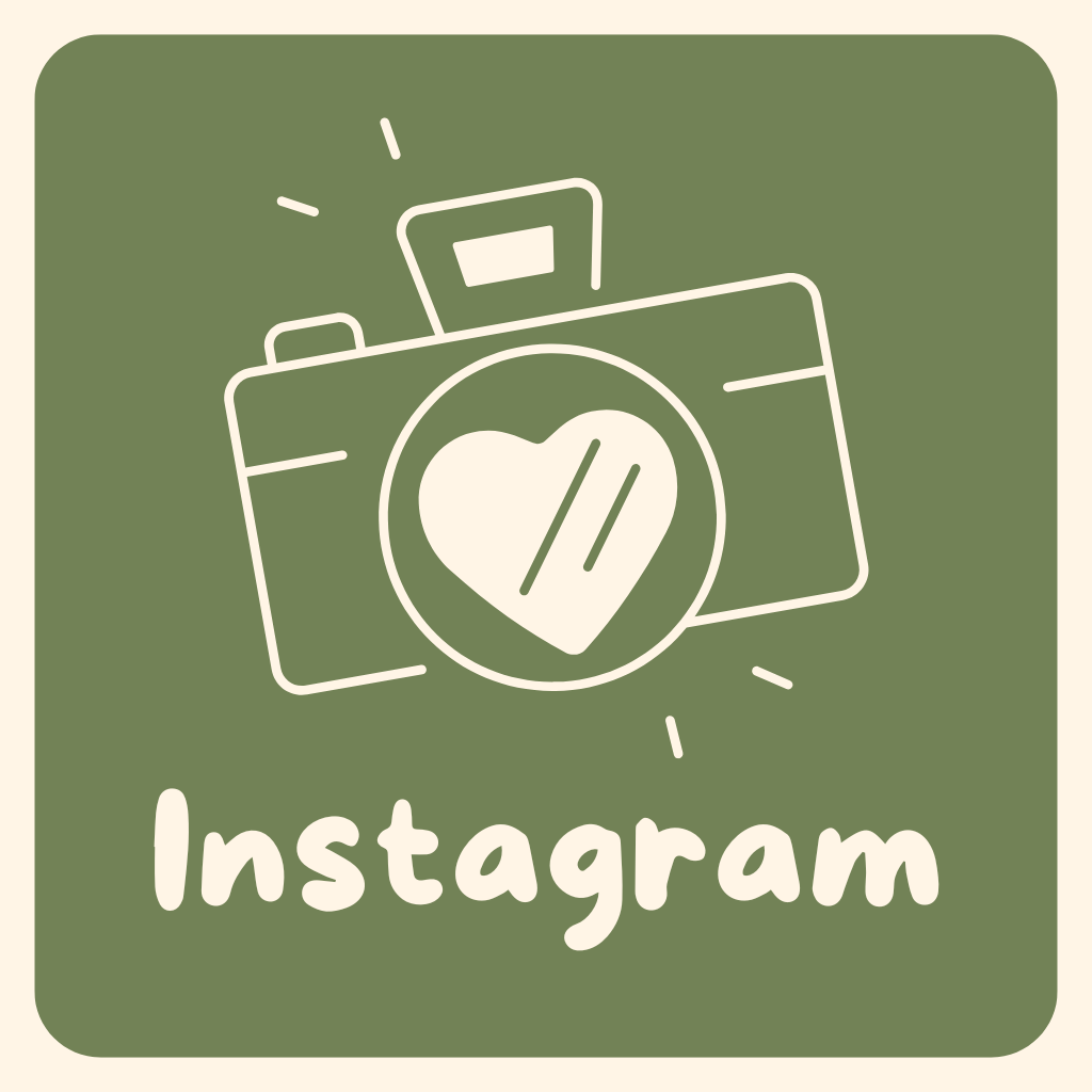A graphic icon of a camera with a heart in the lens and the word 'Instagram' below on a green background.
