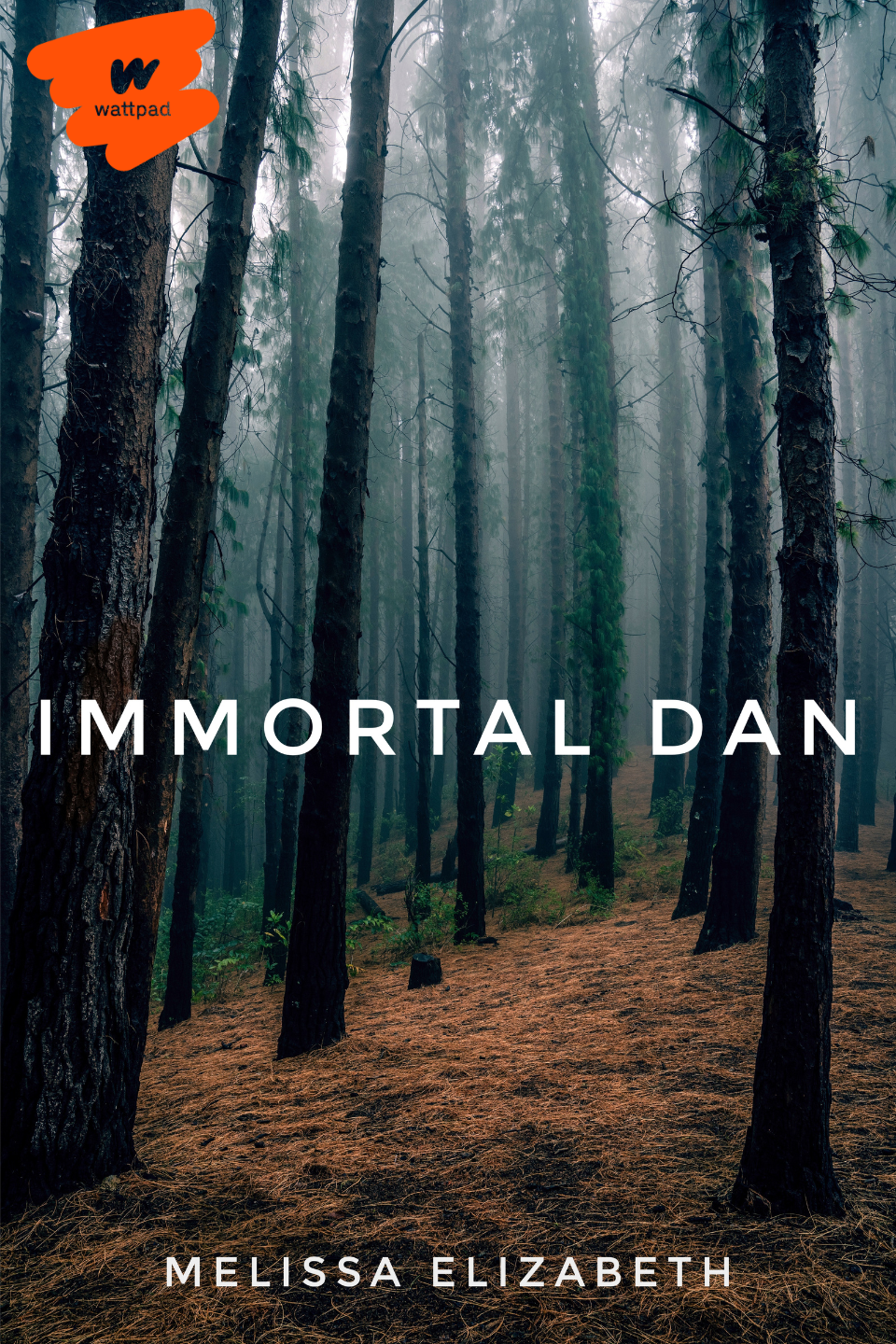 A misty forest scene with tall trees and a forest floor covered in pine needles, overlaid with the title 'Immortal Dan' and the author's name 'Melissa Elizabeth'.