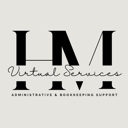Logo for LM Virtual Services, offering administrative and bookkeeping support, with stylized text and elegant script font.