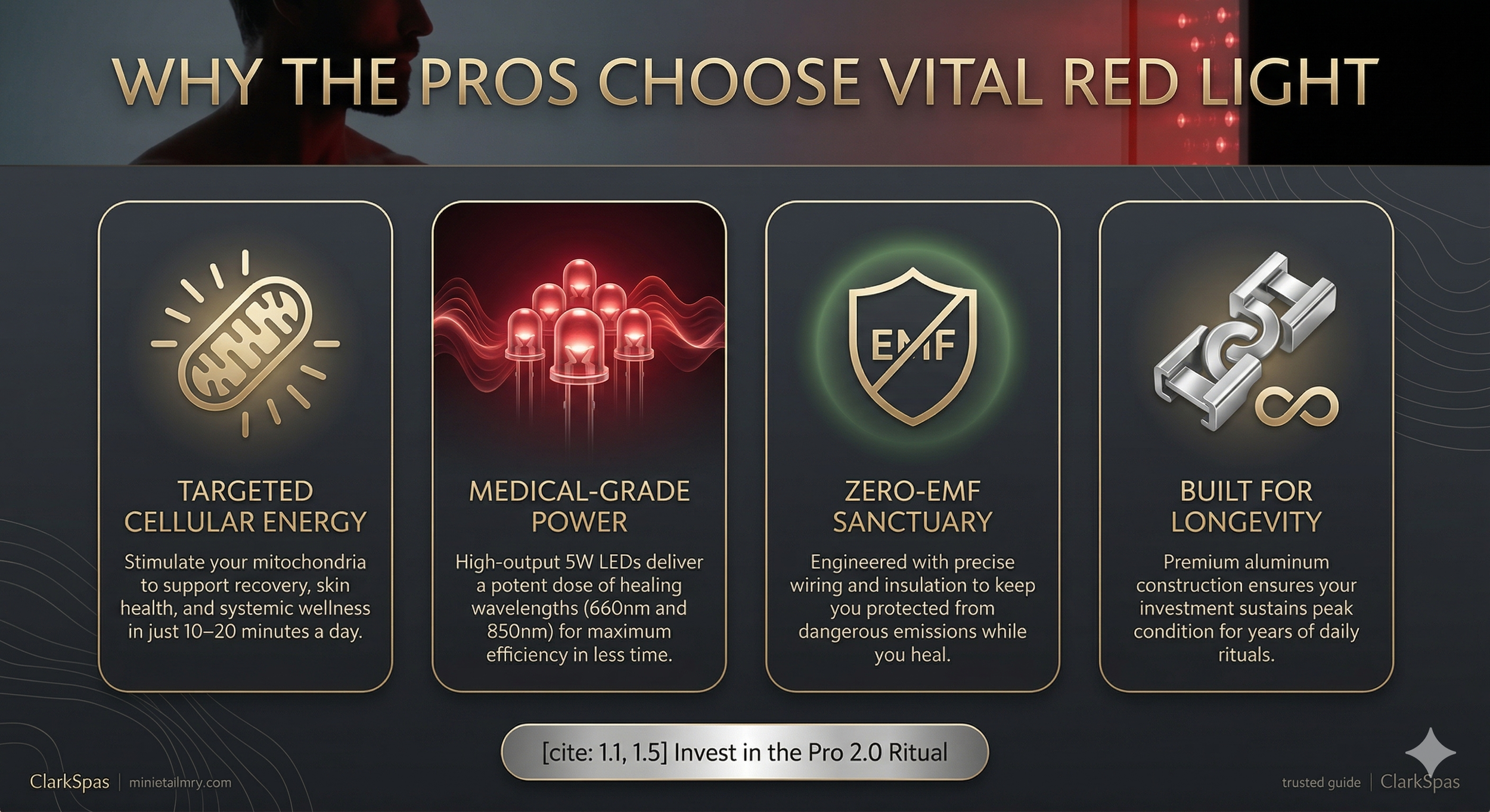 Benefits of Vital Red Light therapy: cellullar energy, medical grade LED, Zero EMF, longevity