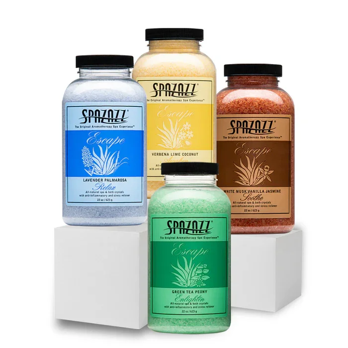 Spazazz Escape 4-Pack Bundle features botanical blends designed to help regulate your nervous system. Lavender Palmarosa to relax, Verbena Lime Coconut to awaken, White Musk Vanilla Jasmine to soothe, and Green Tea Peony to enlighten. 