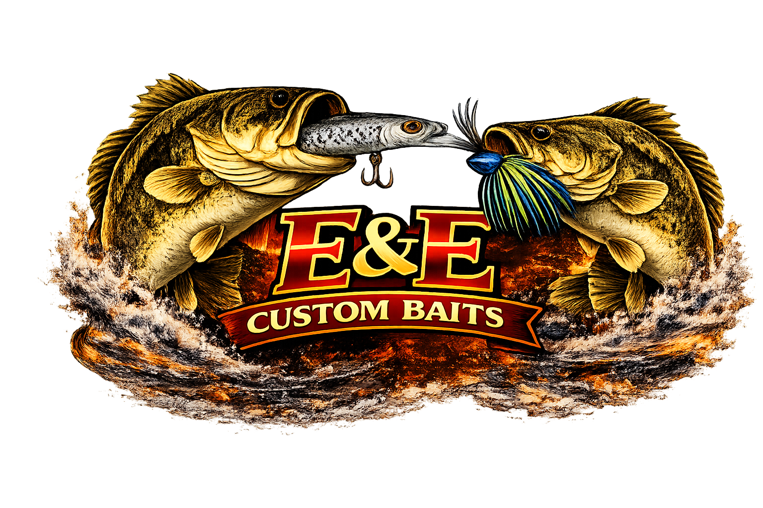 Logo for E&E Custom Baits featuring two large bass fish holding a smaller fish and a blue lure in their mouths, with water splashing below and a fiery background.