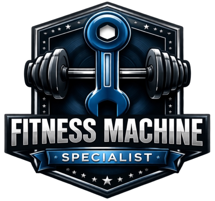 A logo for Fitness Machine Specialist featuring a large blue wrench at the center with a barbell behind it, set against a shield design with stars, and the words 'Fitness Machine Specialist' and 'Specialist' in bold letters.