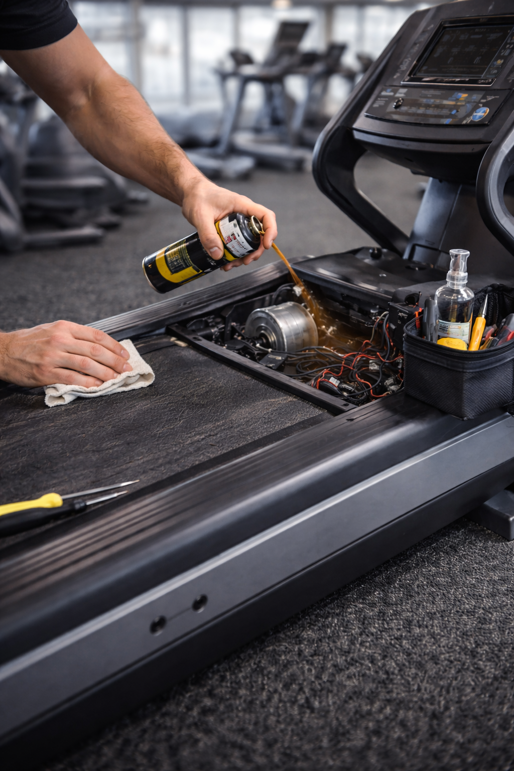 Person cleaning and maintaining a treadmill at a gym, with tools and cleaning supplies nearby.