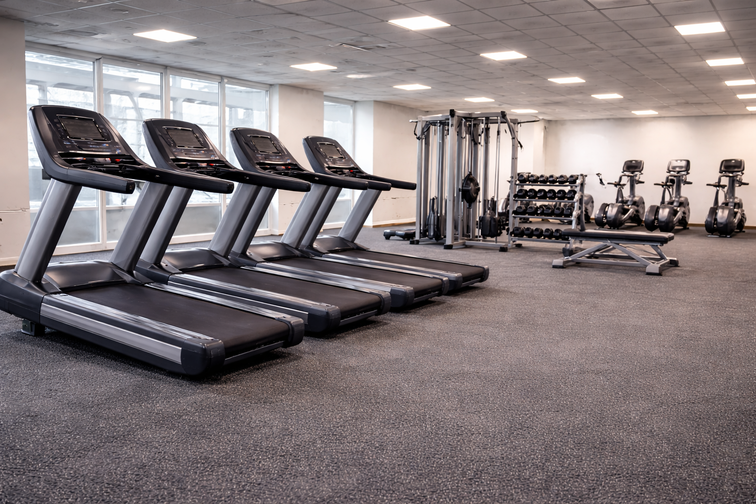 Empty gym room with four treadmills, weight rack, and exercise bikes.