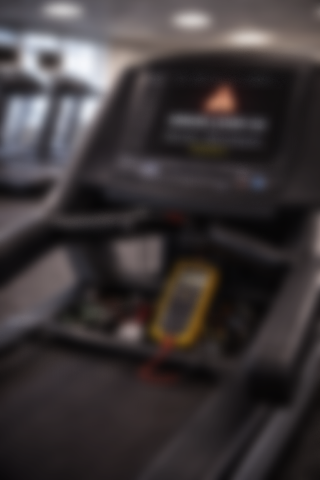 A treadmill with its display showing an error code E2 and a message indicating that a motor error requires servicing, with the panel open and a multimeter connected to the internal components.