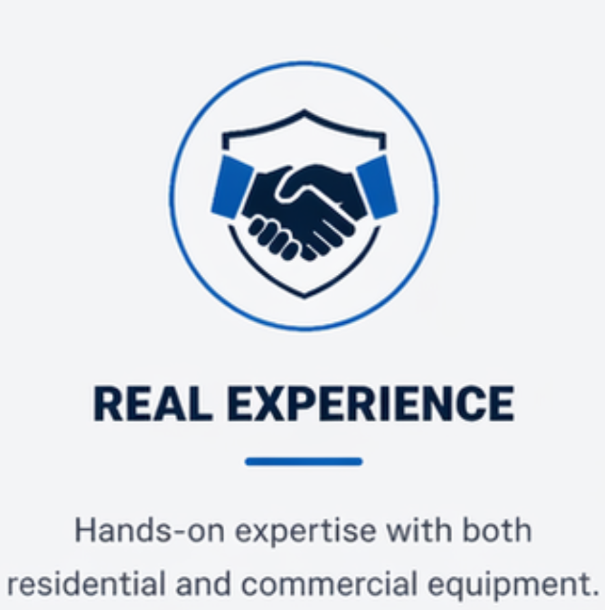 Logo with a shield and handshake inside, text reading "Real Experience" and a description about hands-on expertise with residential and commercial equipment.