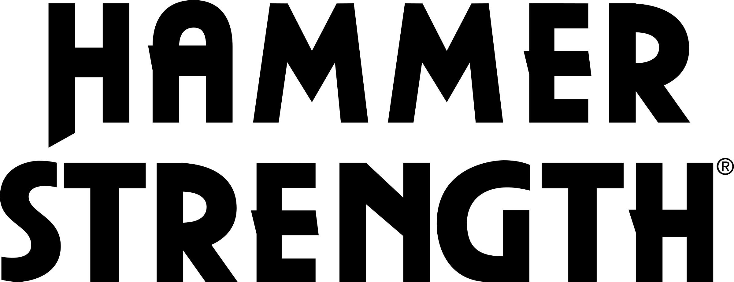 Black and white logo of hammer strength