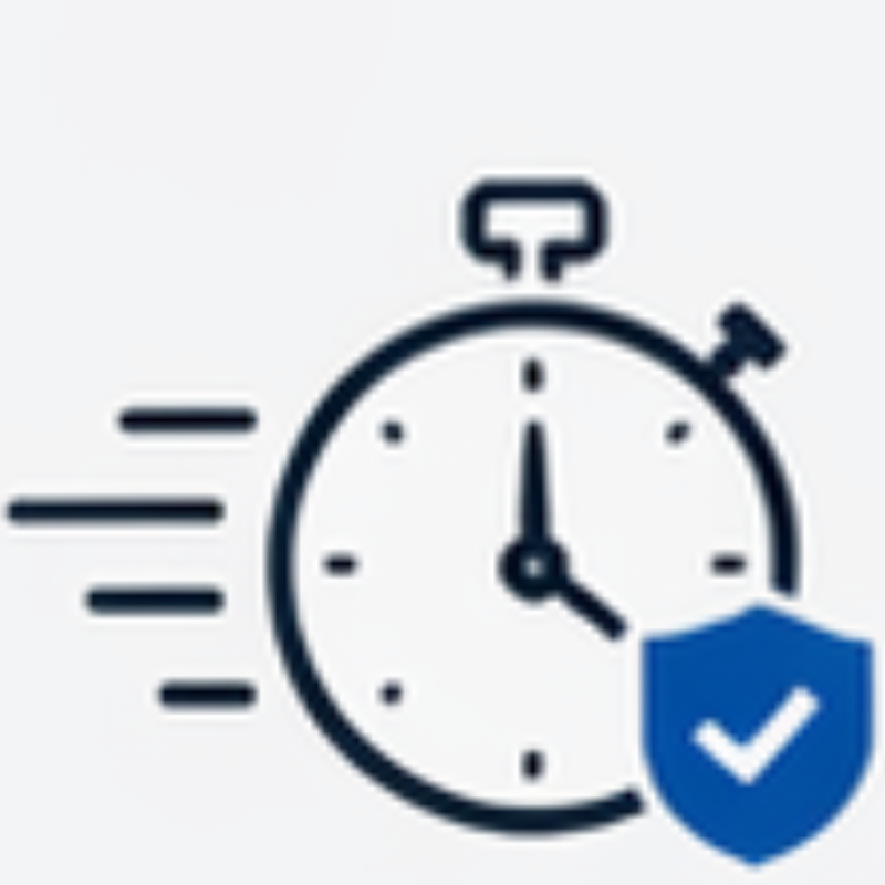 Icon of a stopwatch with motion lines and a shield with a check mark, representing fast and secure timing or performance.