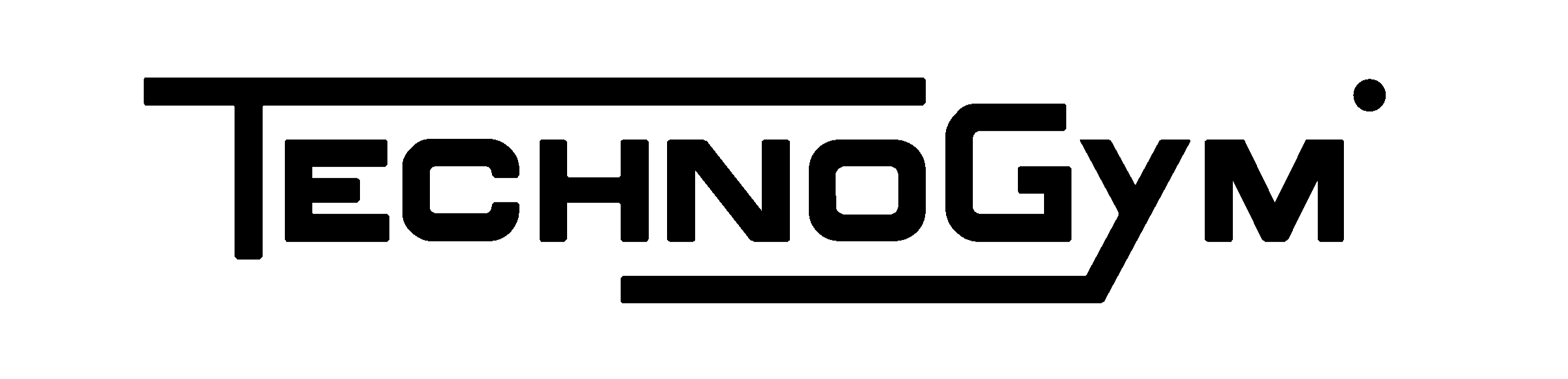 Black and white logo with the word 'TECHNO GYM' stylized in a modern font with bold lines and geometric shapes.