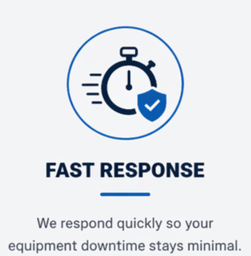 Icon of a stopwatch with speed lines and a shield with a checkmark, labeled 'Fast Response,' indicating quick response to minimize equipment downtime.