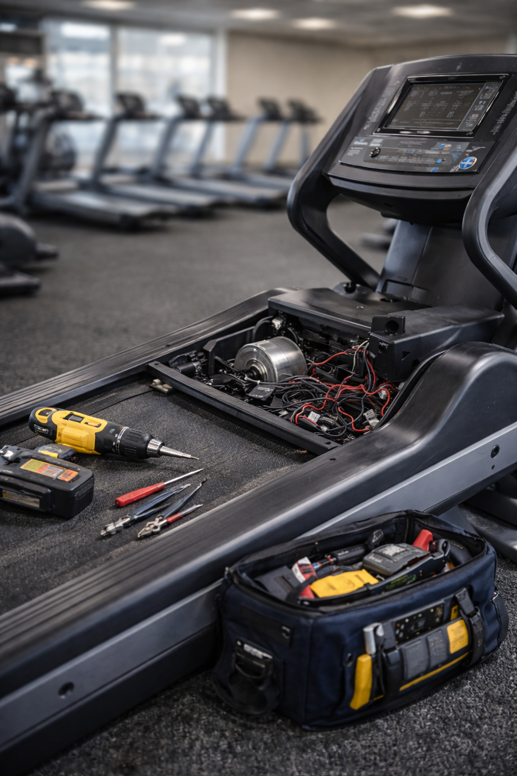 A treadmill in a gym with its panel removed, exposing internal wiring and components, and tools like a drill, screwdrivers, and a toolbox nearby.