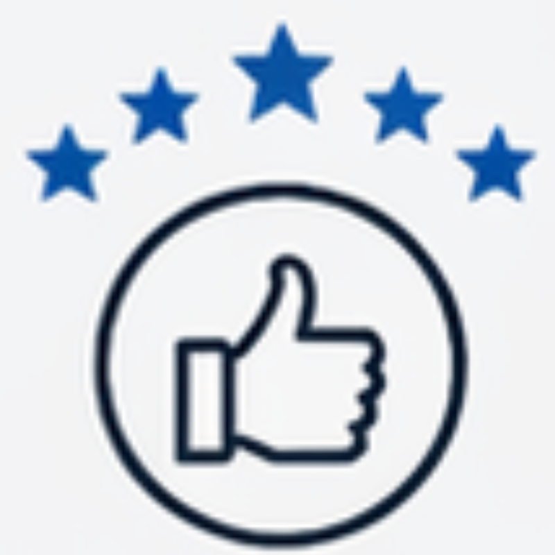 Icon of a thumbs-up inside a circle with five stars above.
