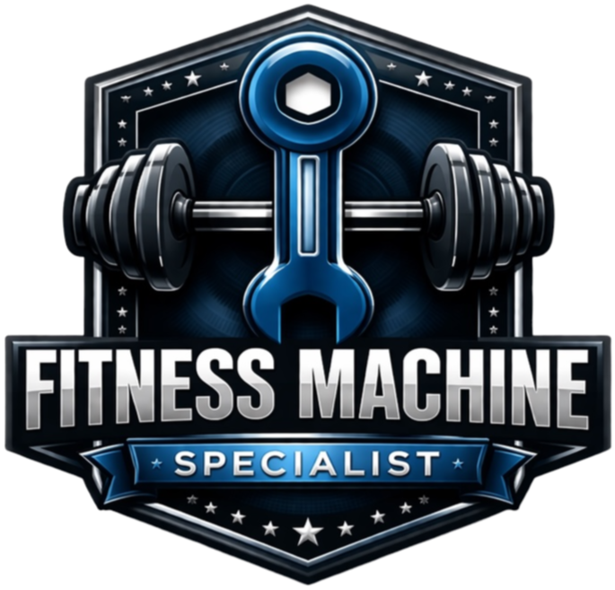 A logo with a wrench and dumbbell, featuring the words 'Fitness Machine Specialist' on a shield-shaped background.