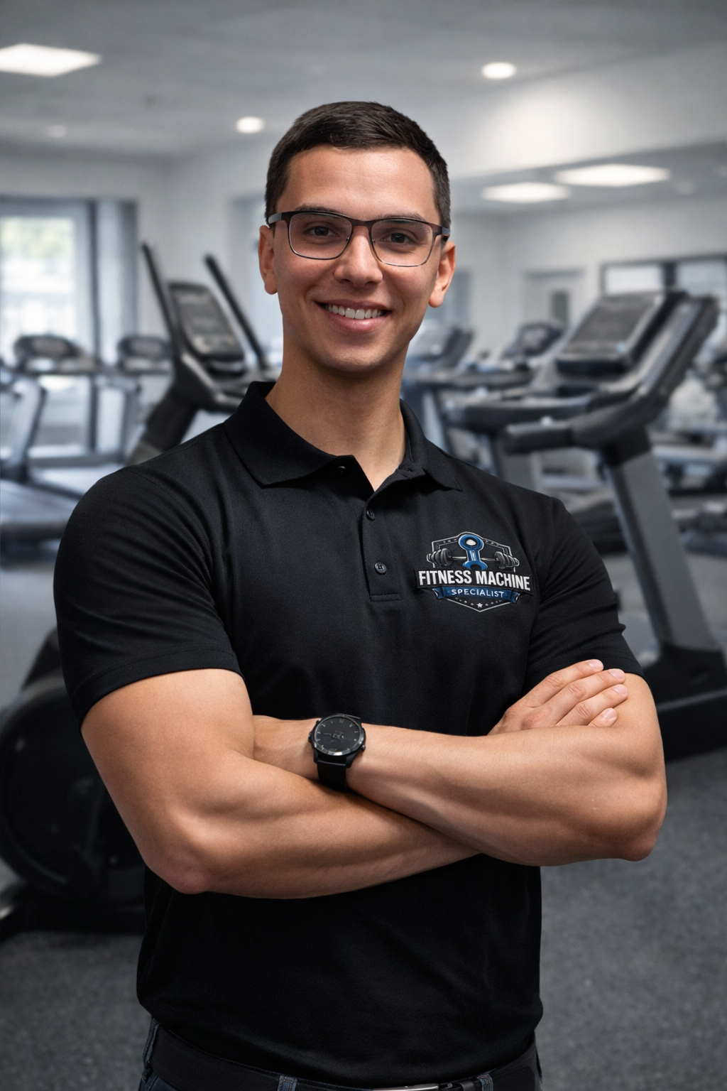 A smiling young man with glasses and a black polo shirt labeled "Fitness Machine Specialist" stands with arms crossed inside a gym, with treadmills in the background.
