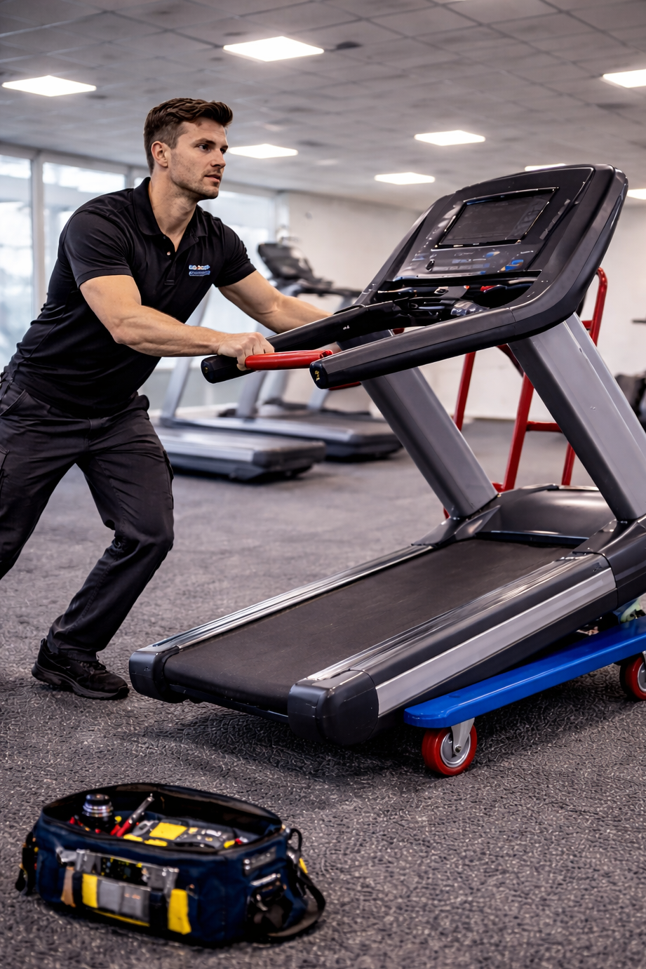 A fit man in a black polo shirt and black pants pushing a treadmill on a black carpeted gym floor. In the foreground, a blue and yellow tool bag with tools is visible. The gym has large windows and bright ceiling lights.