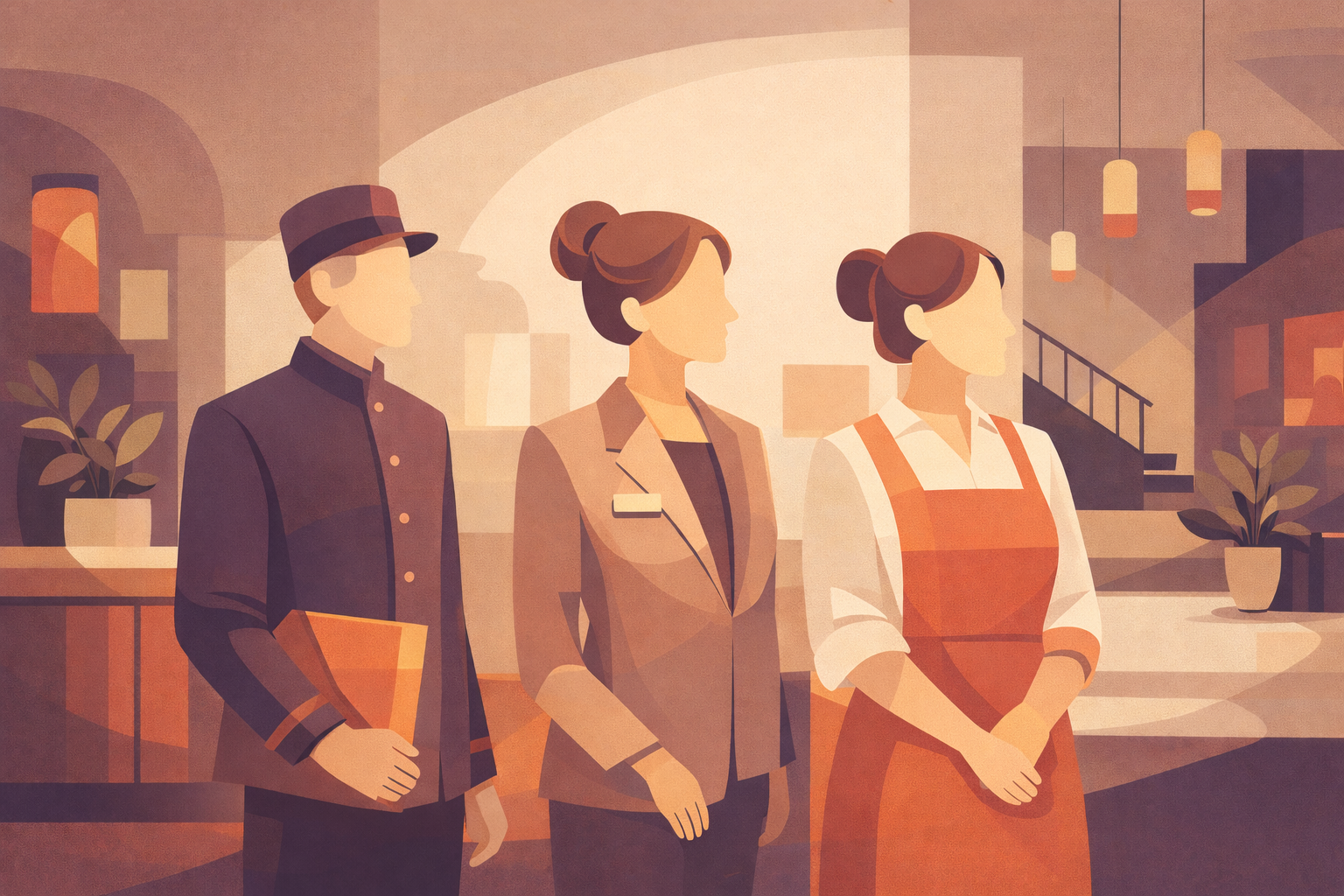 Illustration of hospitality professionals working together in a hotel environment, representing guest-facing teams supported by clear and consistent communication.