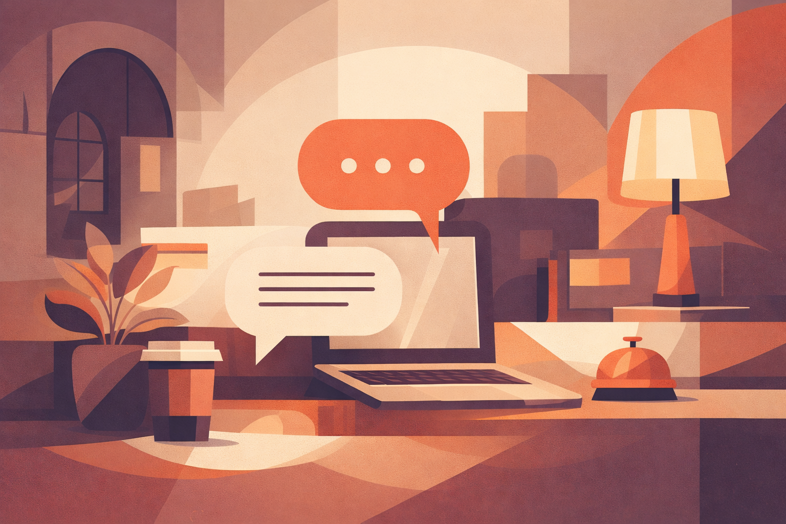 Illustration representing hospitality guest communication software, showing calm digital messaging tools used to support guest responses in a warm, welcoming environment.