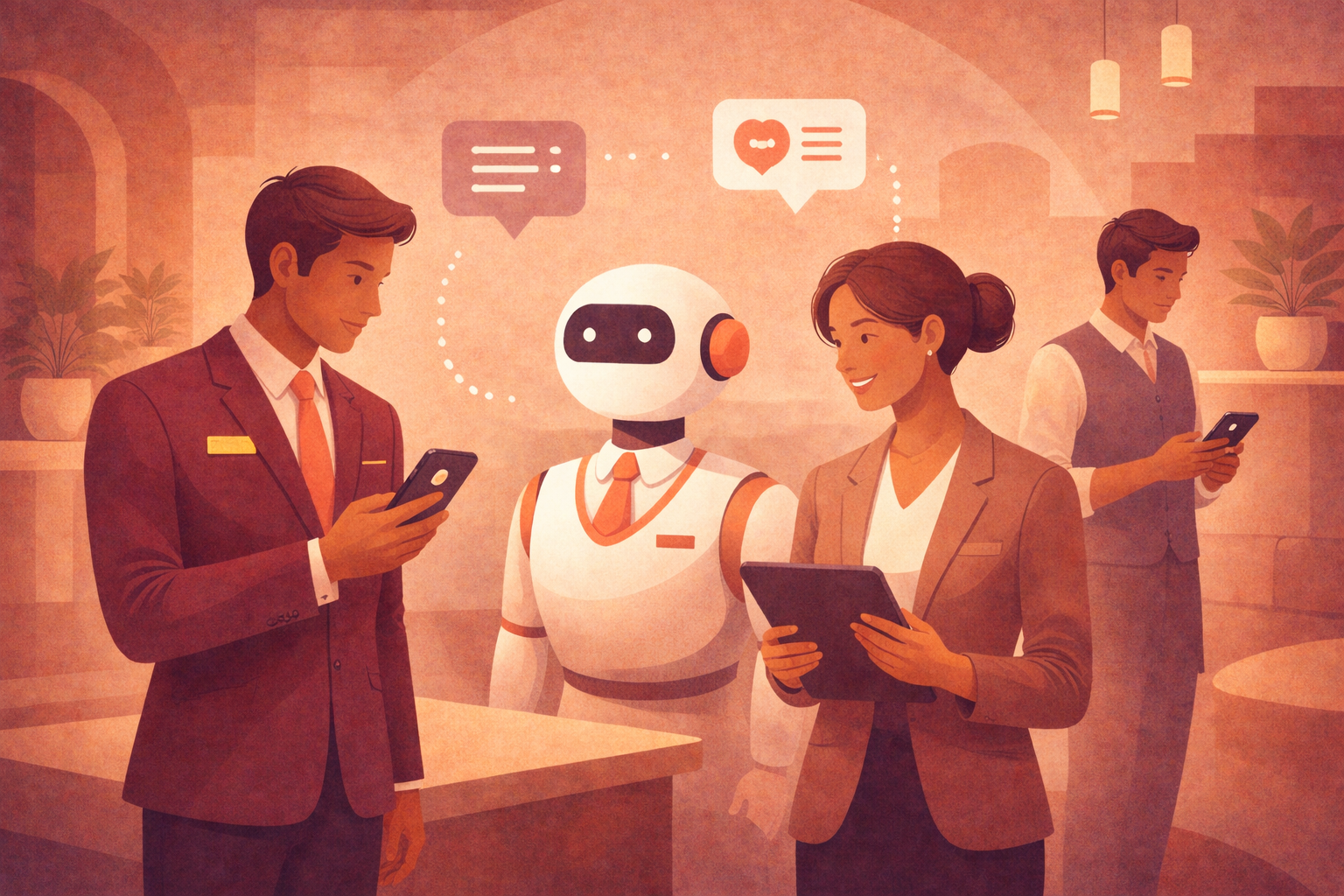People in business attire and a robot engaging with their smartphones and tablets in a modern indoor setting with warm lighting and potted plants.