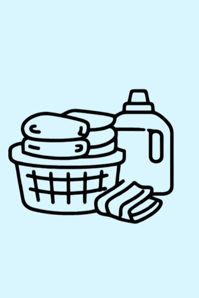 Illustration of a laundry basket with folded towels, a bottle of laundry detergent, and two small bars of soap.