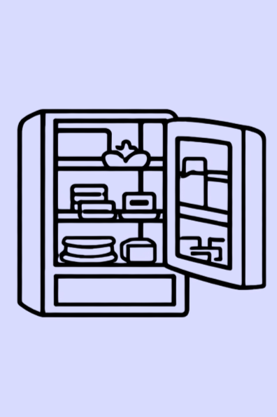 Drawing of an open refrigerator with shelves containing various food items and containers.