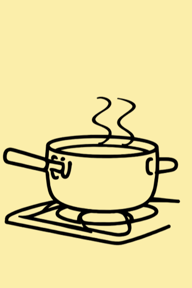 Line drawing of a boiling pot on a stove with steam rising