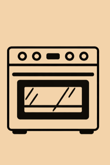 Illustration of an oven with a glass door and control knobs on top, on a beige background.