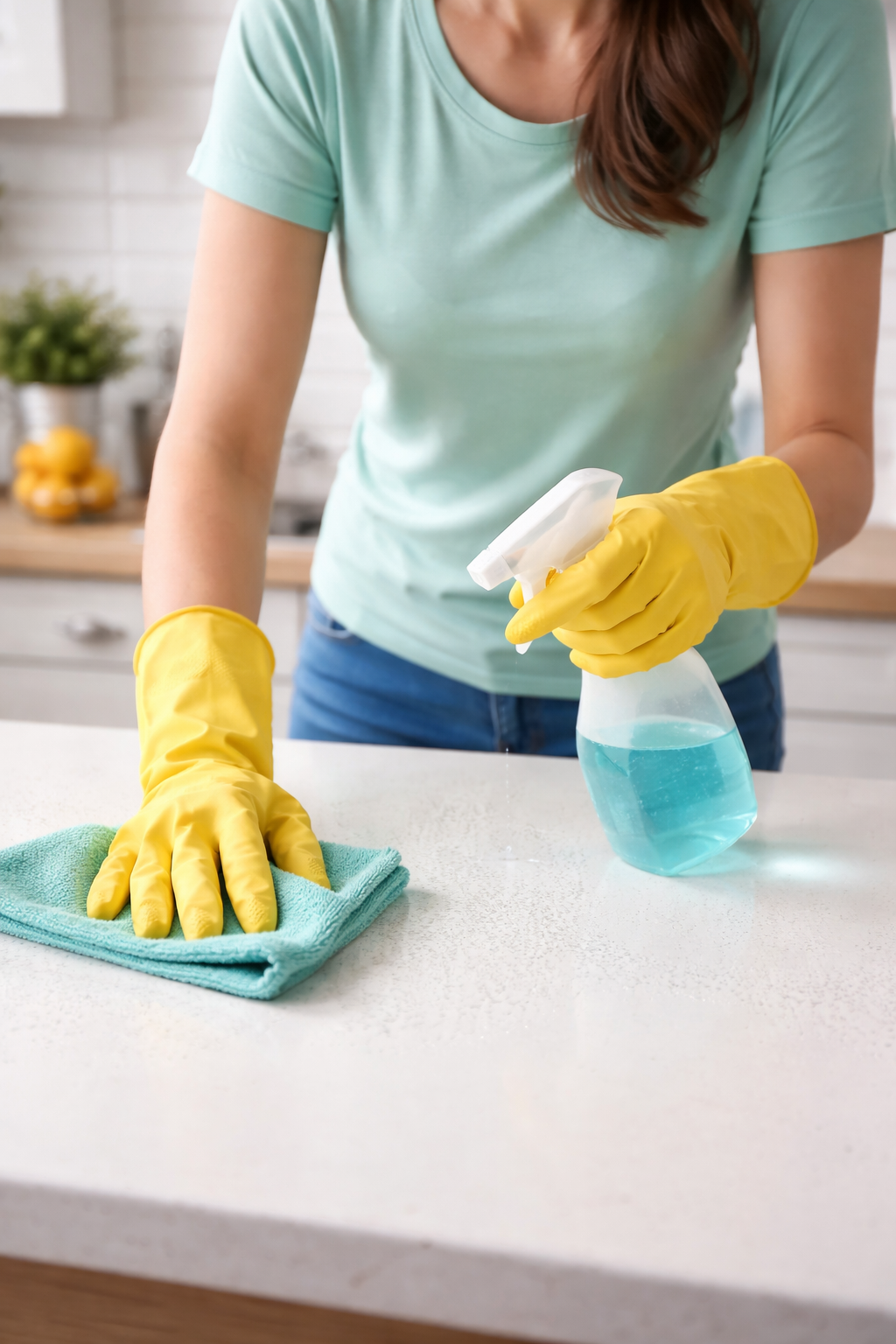 Person wearing yellow rubber gloves cleaning a kitchen countertop with a spray bottle of blue cleaning solution and a microfiber cloth.