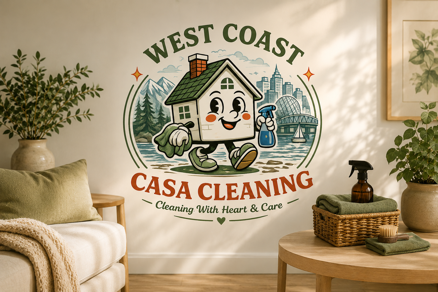 Decorative interior room with a logo on the wall that reads 'West Coast Casa Cleaning'. The logo features a cartoon house character holding a spray bottle and a cloth, with a cityscape, trees, and water in the background. There are potted plants, a beige sofa with a blanket, and a wooden table with cleaning supplies and towels.