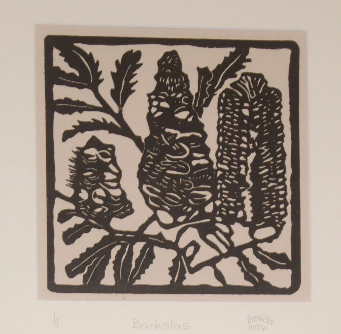 'Banksias' by Rhonda Mair, Linocut, 1st Drawing & Printmaking.JPG