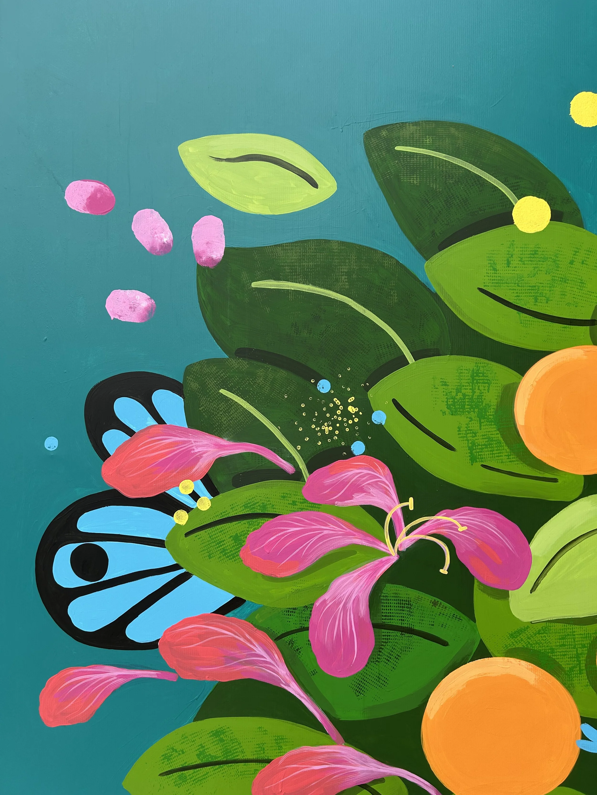 Colorful abstract painting of pink flowers, green leaves, blue and black patterned butterfly, yellow and orange circular elements against a teal background.