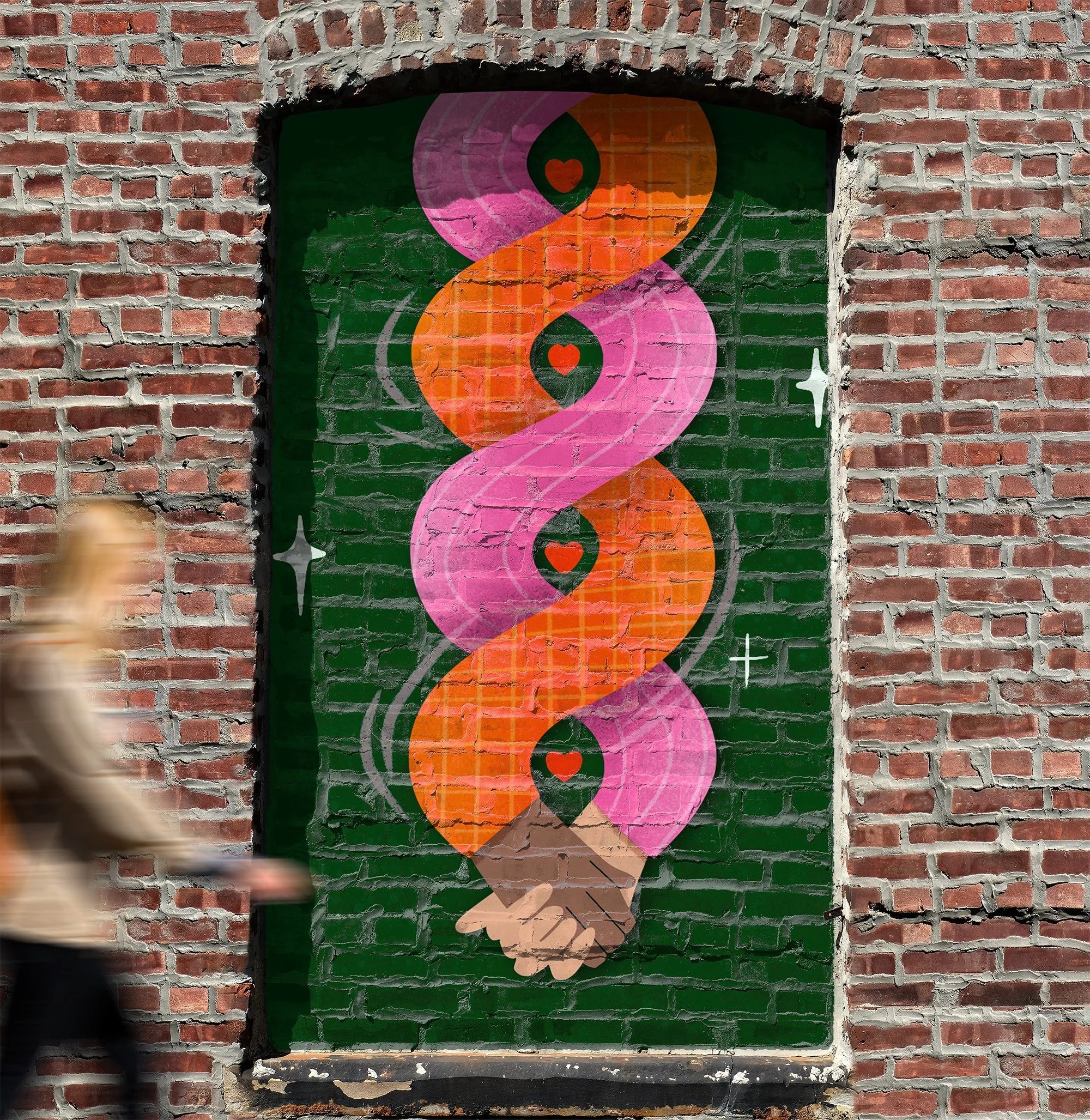 Colorful mural of intertwined pink and orange hearts with black location markers featuring red hearts, surrounded by white stars and sparkles, painted on a brick wall.