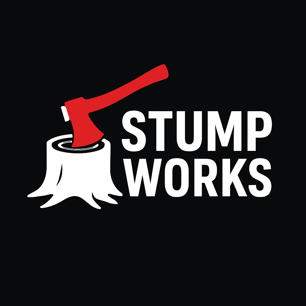 A logo with a red axe embedded in a tree stump and the words 'STUMP WORKS' to the right of the stump, all on a black background.