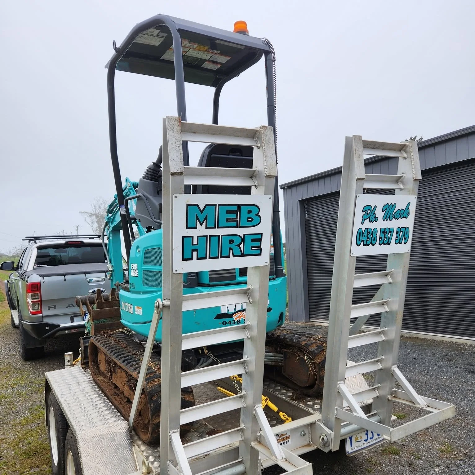 MEB Hire mini excavator and trailer at Pipers River Tasmania