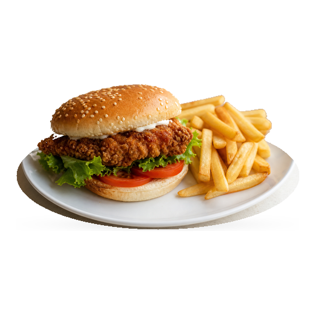 Fried chicken sandwich with lettuce, tomato and fries