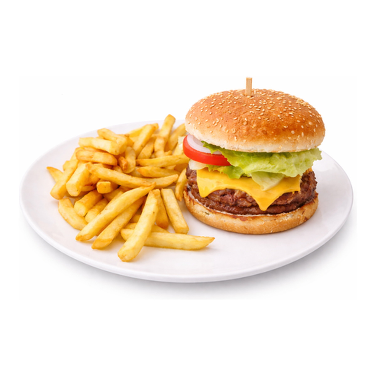 Cheeseburger with lettuce, tomato and cheese served with fries