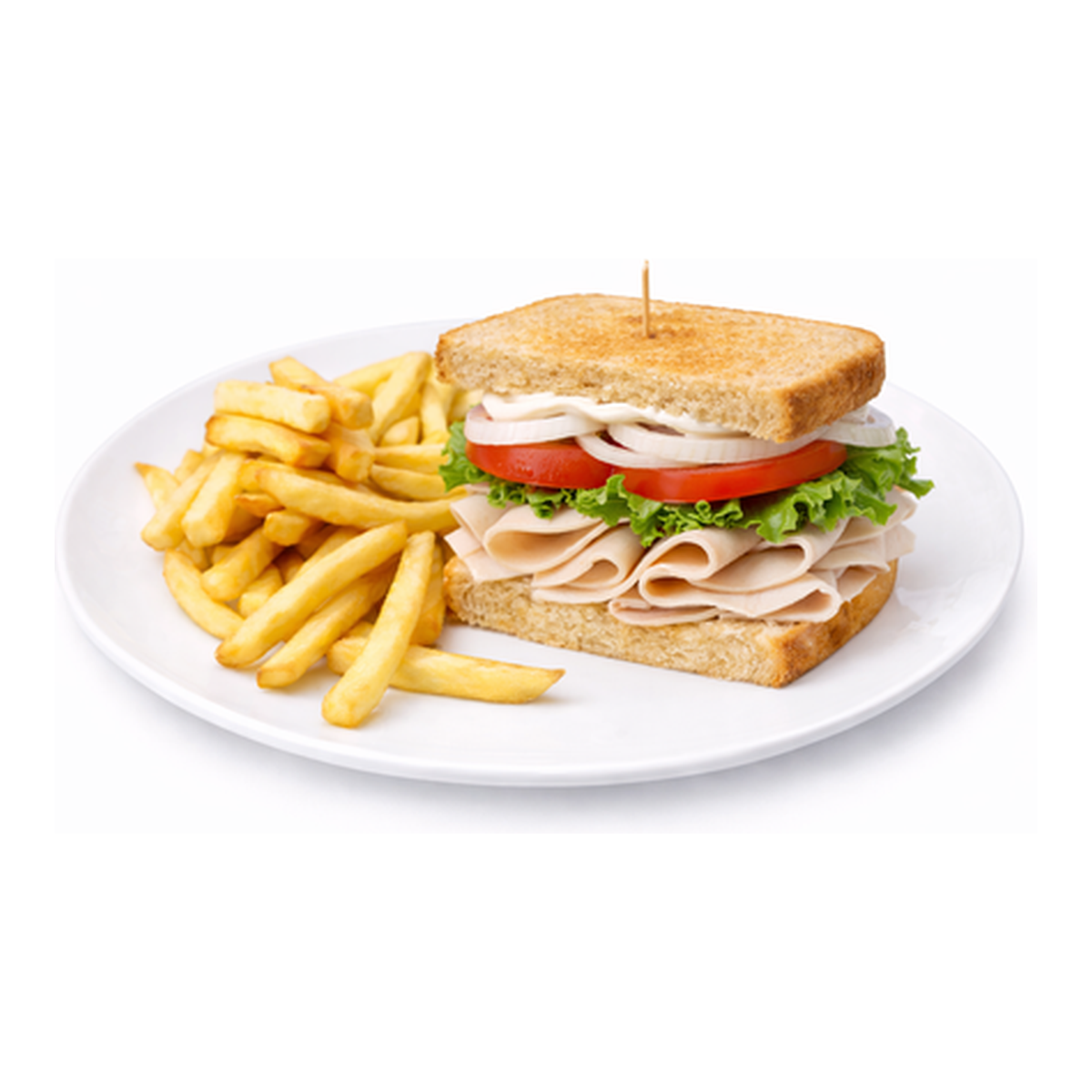 Turkey sandwich with lettuce, tomato and onion served with fries