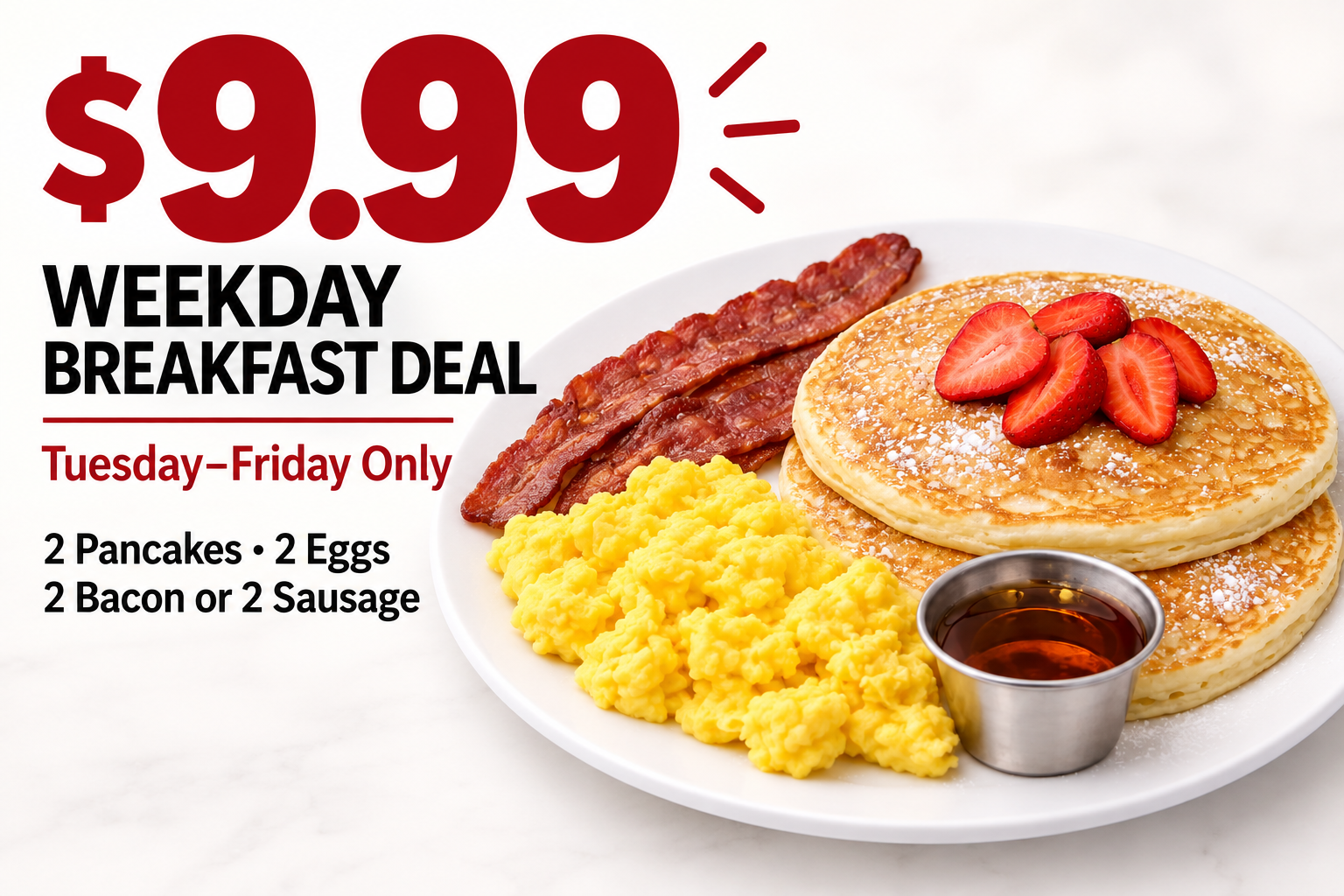 $9.99 weekday breakfast deal with pancakes eggs and breakfast meat at The Neighborhood Cafe in Huntington Park