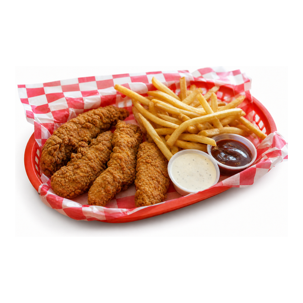 Four fried chicken tenders with fries and dipping sauces in a red basket