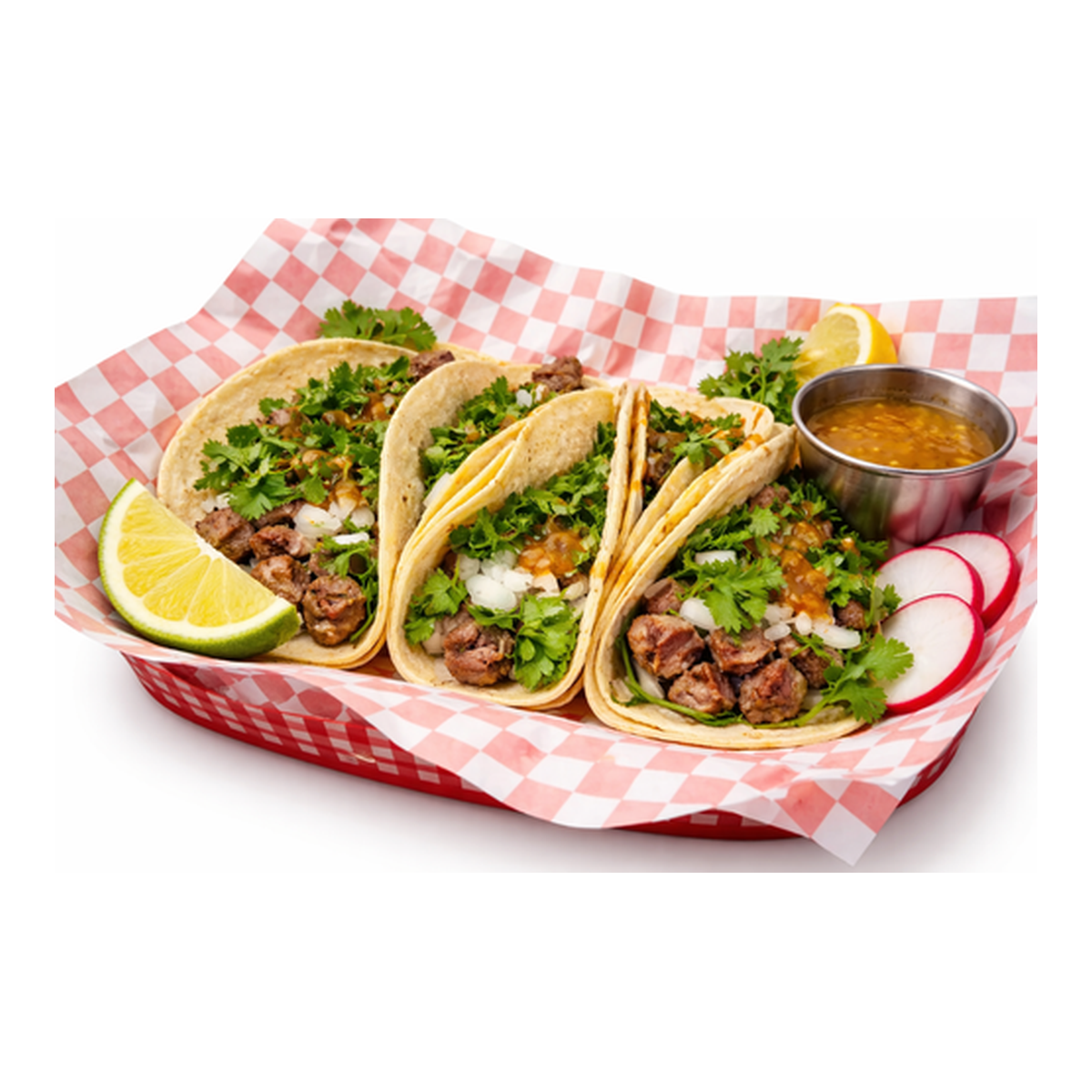 Three steak tacos with onion, cilantro, radishes, lime and salsa