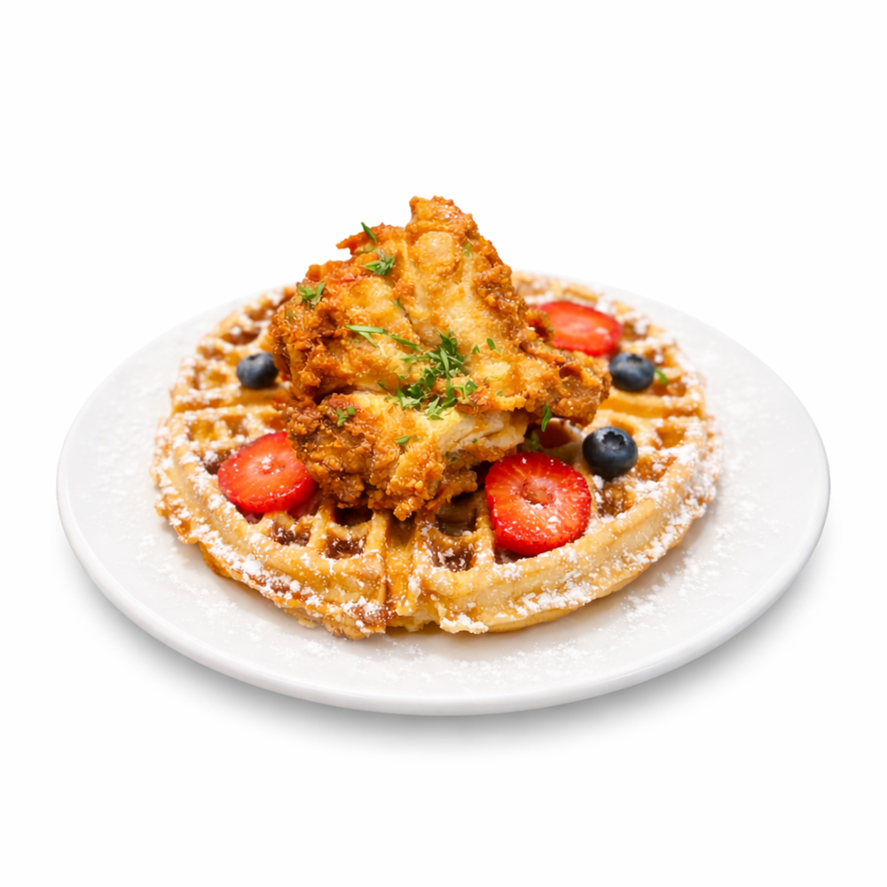 Chicken and waffles brunch at The Neighborhood Cafe in Huntington Park